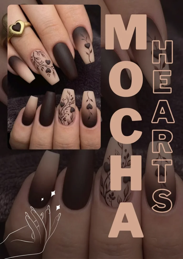 Mocha hearts nail design pin showing matte brown coffin nails with painted hearts and botanical line art